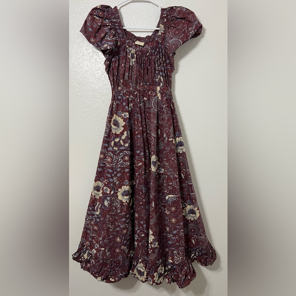 Ulla Johnson Floral Cotton Peasant Midi Dress Burgundy Size 0 Boho Prairie - Picture 5 of 7